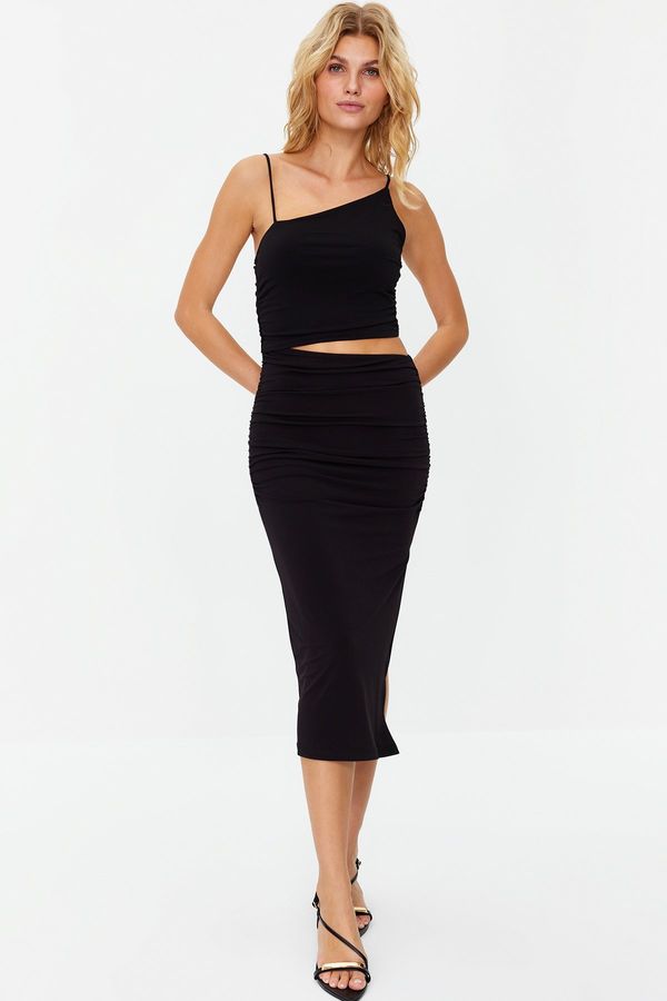 Trendyol Trendyol Black Cut Out Fitted Stretch Knitted Midi Dress with Slit
