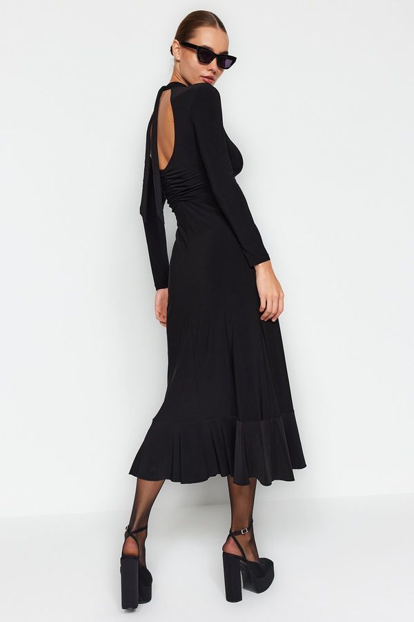 Trendyol Trendyol Black Decollete Backless Flounce High Neck Maxi Length Knitted Dress