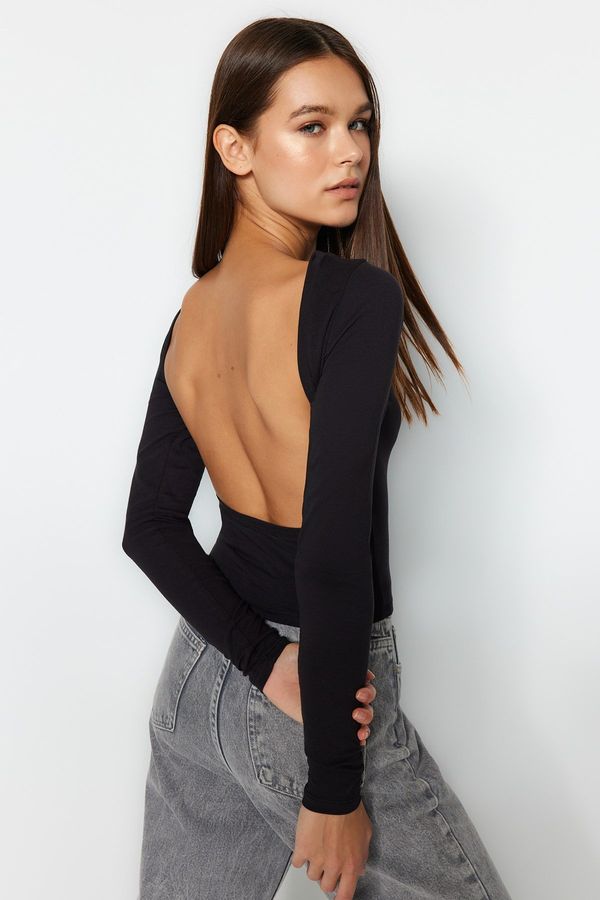 Trendyol Trendyol Black Deep Backless Fitted Cotton Stretchy Knitted Blouse