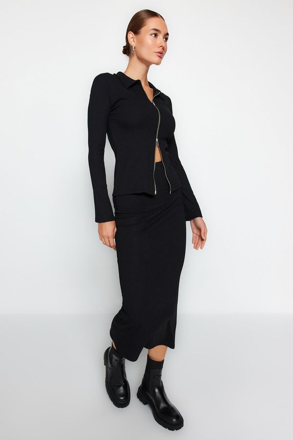 Trendyol Trendyol Black Double-Sided Zippered Ribbed Flexible Regular Fit Knitted Top-Upper Set