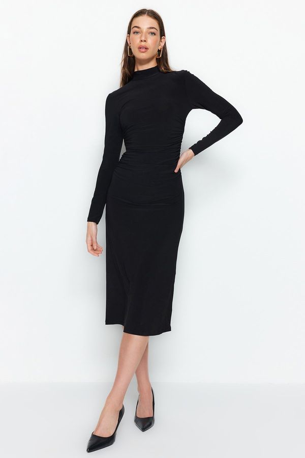 Trendyol Trendyol Black Draped Detailed Stand Up A-Line Flexible Midi Knit Dress