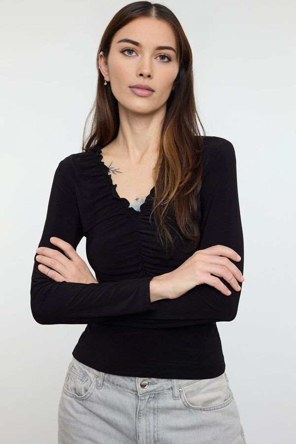 Trendyol Trendyol Black Drawstring/Drape Detail V-Neck Body-Fitting Stretchy Knitted Blouse