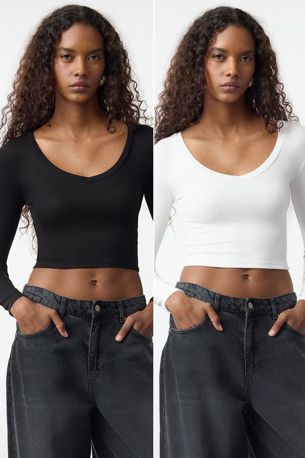 Trendyol Trendyol Black-Ecru 2-Pack Fitted/Body-Sit Knitted Blouse