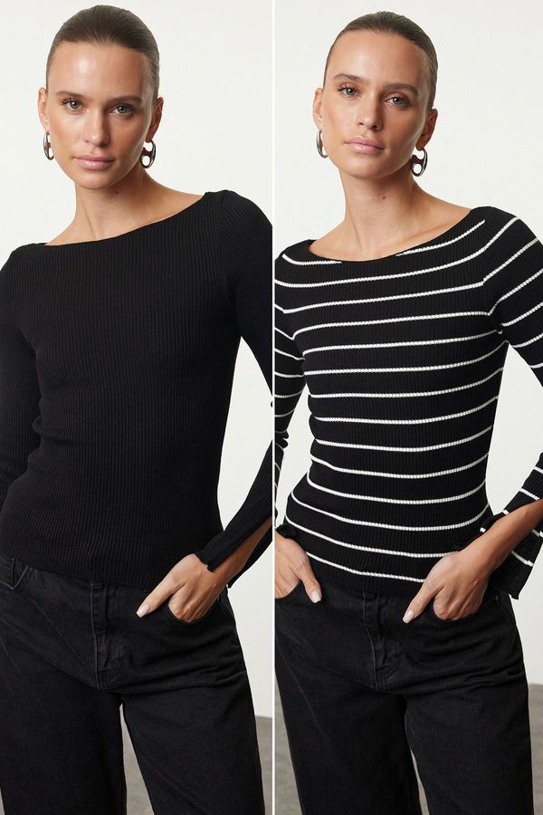 Trendyol Trendyol Black-Ecru Basic 2-Pack Plain-Striped Knitwear Sweater