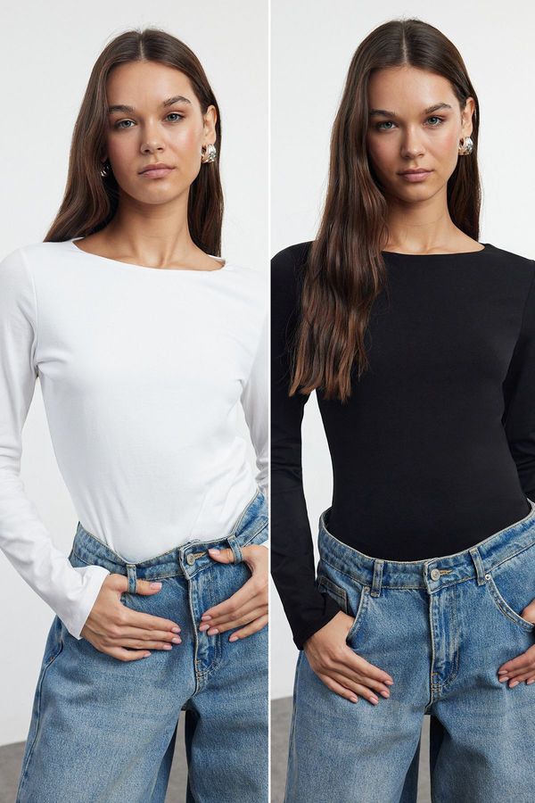 Trendyol Trendyol Black-Ecru Double Pack Boat Neck Fitted Knitted Blouse