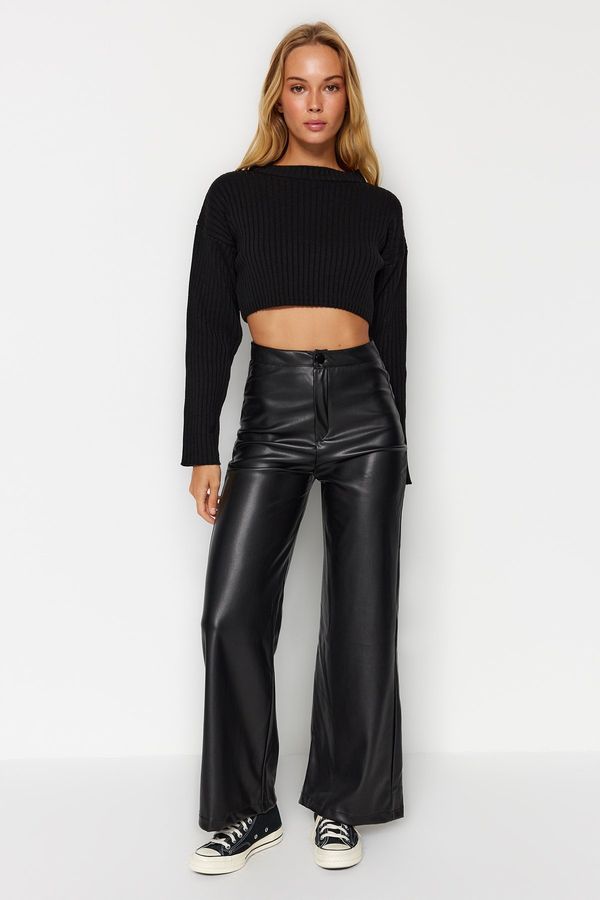 Trendyol Trendyol Black Faux Leather Wide Leg Pocket Detailed Knitted Trousers