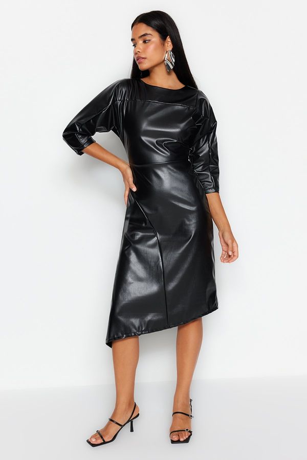 Trendyol Trendyol Black Faux Leather Woven Dress with Asymmetrical Skirt Opening at the Waist