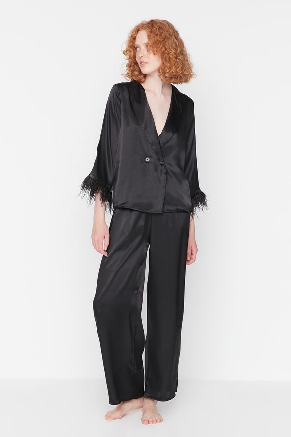 Trendyol Trendyol Black Feather Detailed Satin Shirt-Pants Woven Pajama Set