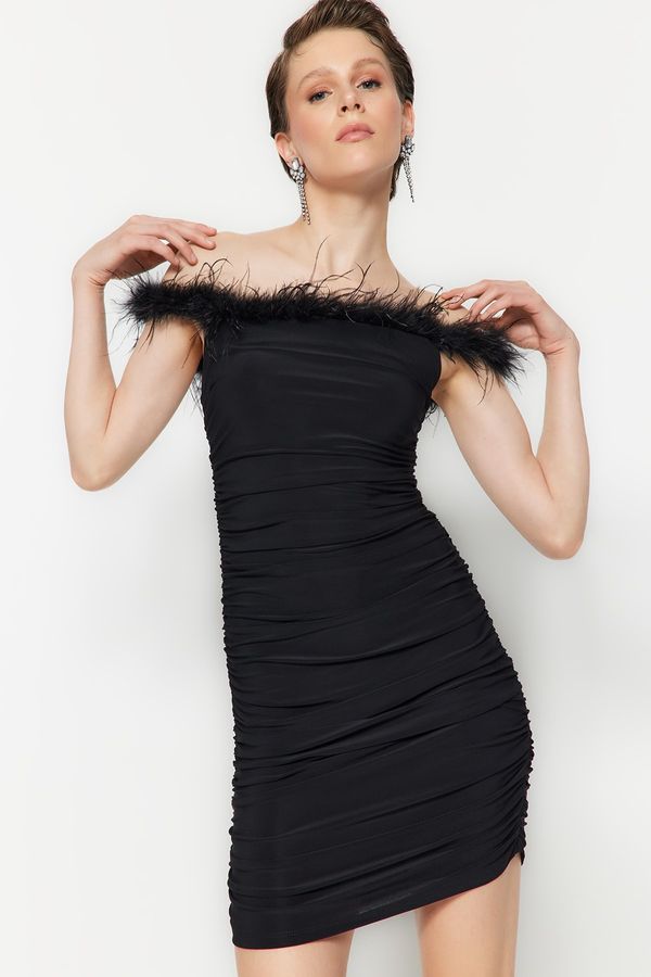 Trendyol Trendyol Black Fitted Evening Dress with Knitted Trims