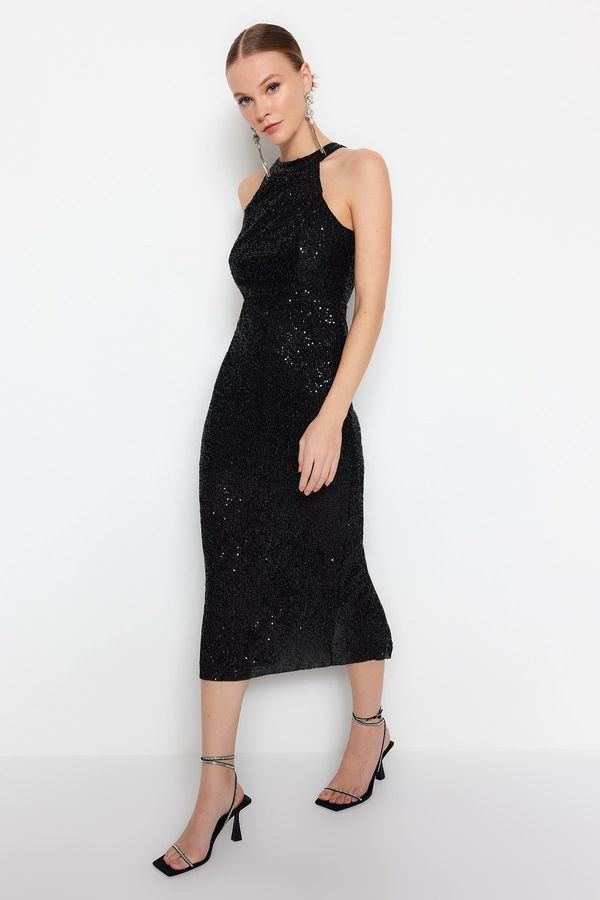 Trendyol Trendyol Black Fitted Knitted Lined Shiny Sequin Sequin Elegant Evening Dress