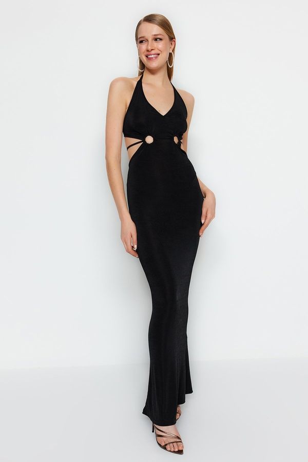Trendyol Trendyol Black Fitted Knitted Window/Cut Out Detailed Shimmer Long Evening Evening Dress