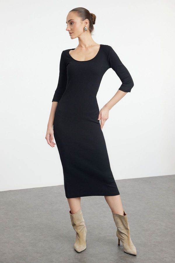 Trendyol Trendyol Black Fitted Long Sleeve Crew Neck Maxi Stretchy Knitted Dress