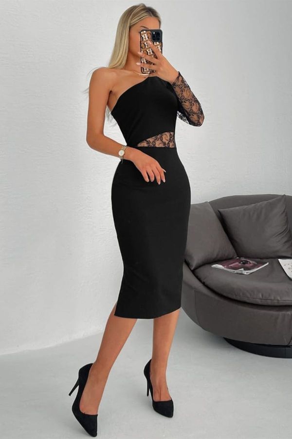 Trendyol Trendyol Black Fitted One Sleeve Lace Detail Dress