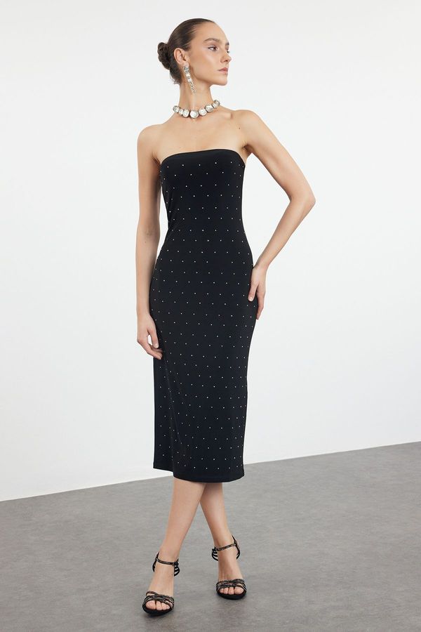 Trendyol Trendyol Black Fitted Stone Printed Knitted Elegant Evening Dress