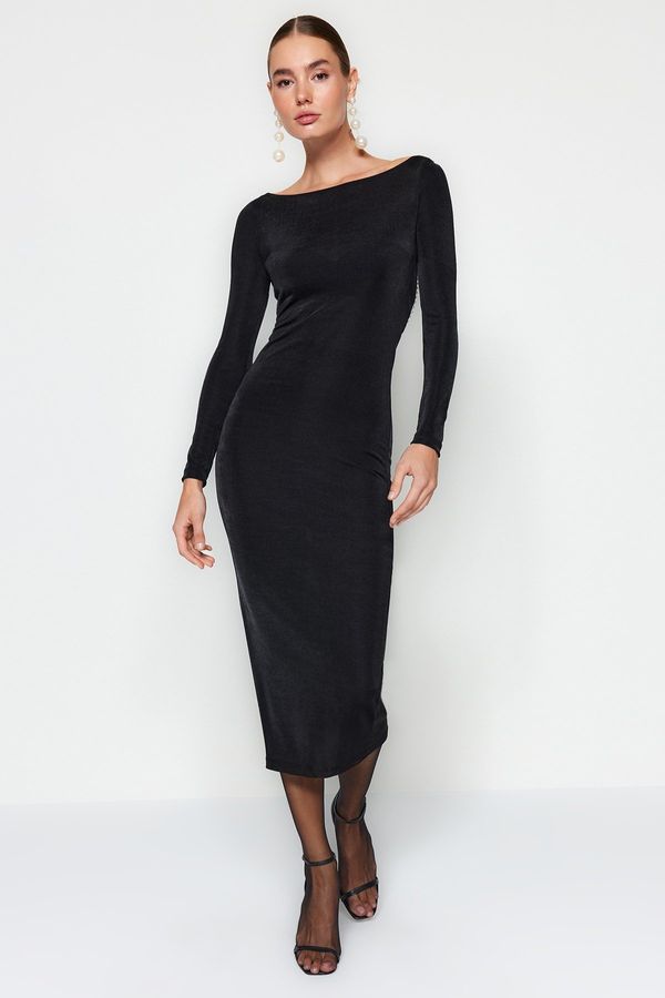 Trendyol Trendyol Black Fitted Unlined Knitted Elegant Evening Dress with Accessories
