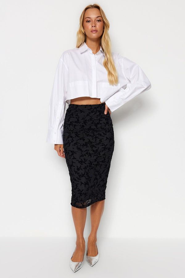 Trendyol Trendyol Black Flock Printed Tulle Lined Pencil Midi High Waist Flexible Knitted Skirt