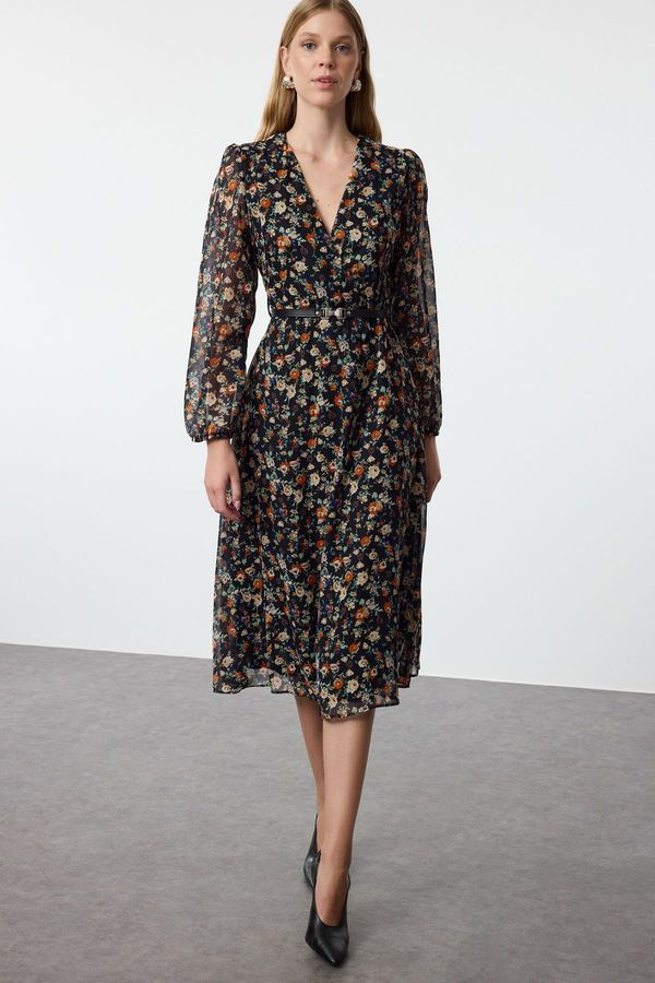 Trendyol Trendyol Black Floral Belted A-Line Midi Double Breasted Collar Patterned Chiffon Woven Dress