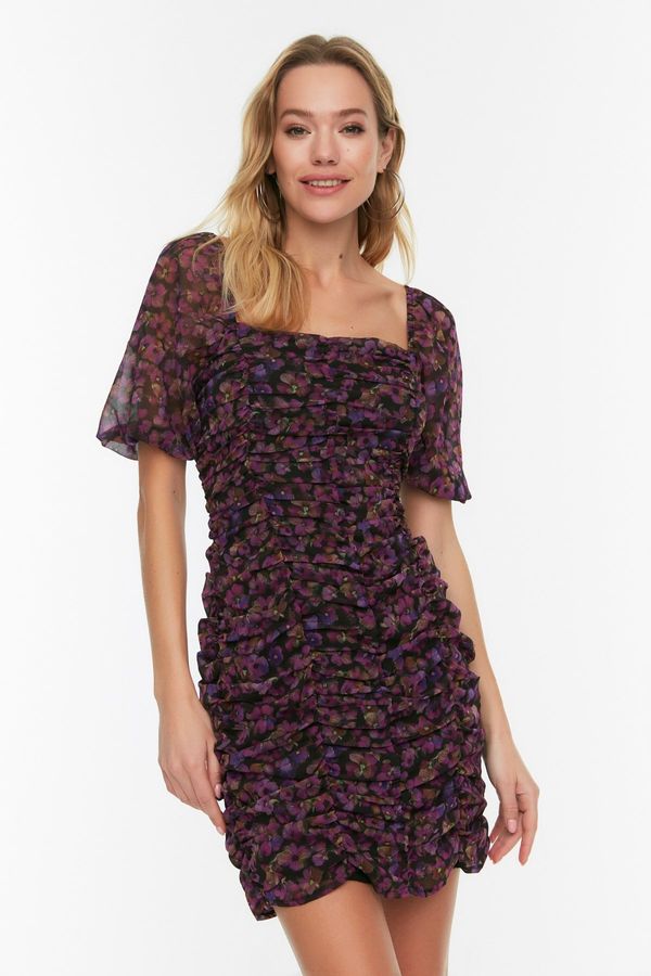 Trendyol Trendyol Black Floral Fitted/Body-Hugging Drape Detail Chiffon Mini Lined Woven Dress