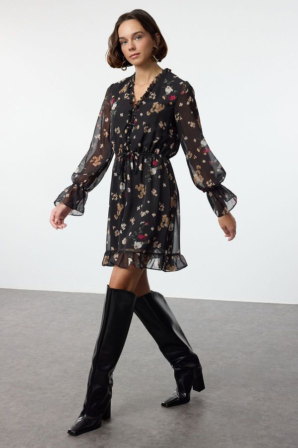 Trendyol Trendyol Black Floral Patterned Mini Lined Chiffon Woven Dress with Waist Opening Skirt