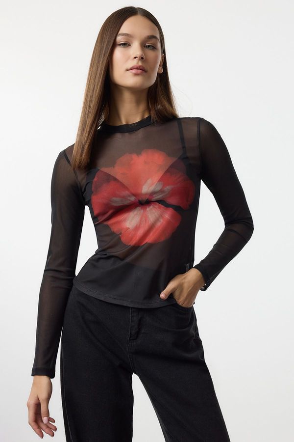 Trendyol Trendyol Black Floral Printed Fitted/Body-Sit High Neck Tulle Flexible Knitted Blouse