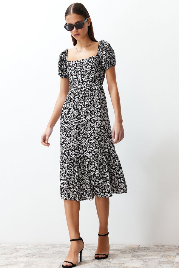 Trendyol Trendyol Black Floral Waist Opening Viscose Gimped Midi Woven Dress