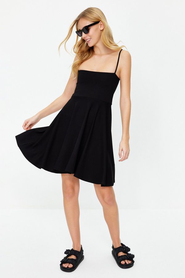 Trendyol Trendyol Black Flounce Stretchy Skater/Waist Opened Mini Knitted Mini Dress