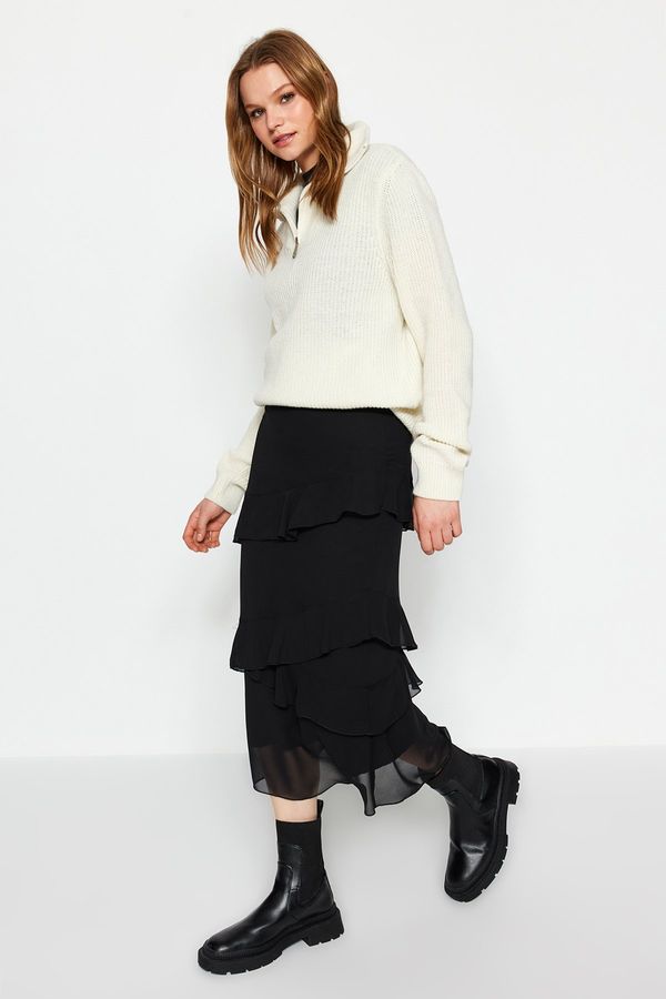 Trendyol Trendyol Black Flounced Chiffon Fabric Midi Woven Skirt