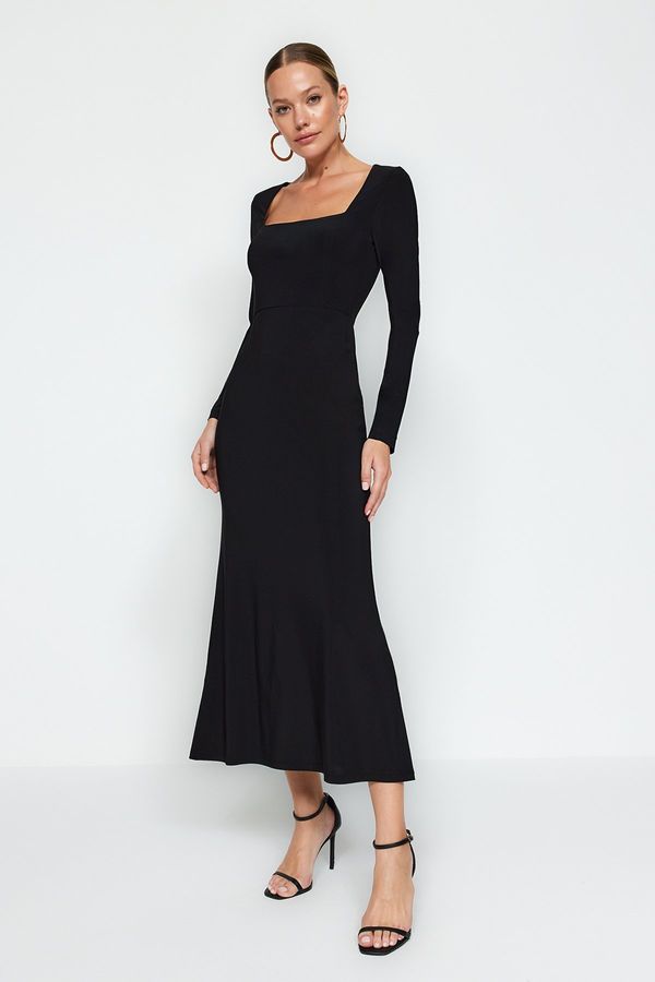 Trendyol Trendyol Black Flounced Square Neck Fitted Maxi Stretchy Knitted Dress