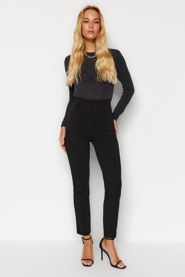 Trendyol Trendyol Black Gathering High Waist Ribbed Elastic Waist Slim Fit Thick Knitted Pants