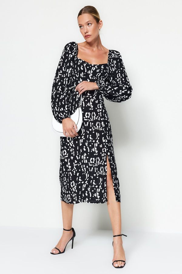 Trendyol Trendyol Black Geometric Patterned Straight Cut Slit Detail Viscose Woven Dress