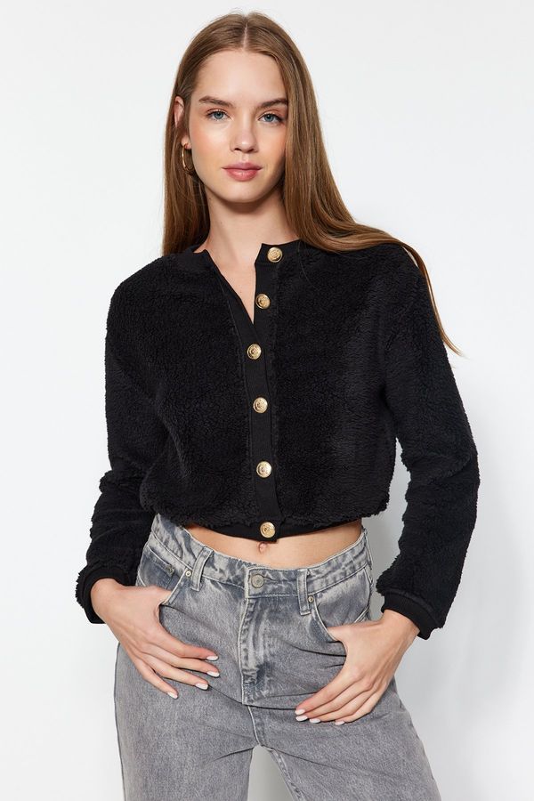 Trendyol Trendyol Black Gold Buttoned Plush Crop Knitted Cardigan