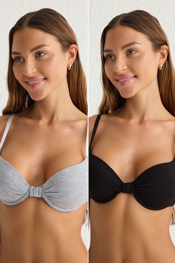 Trendyol Trendyol Black-Grey 2-Pack Cotton Rope Strap Covered T-Shirt Bra Knitted Bra