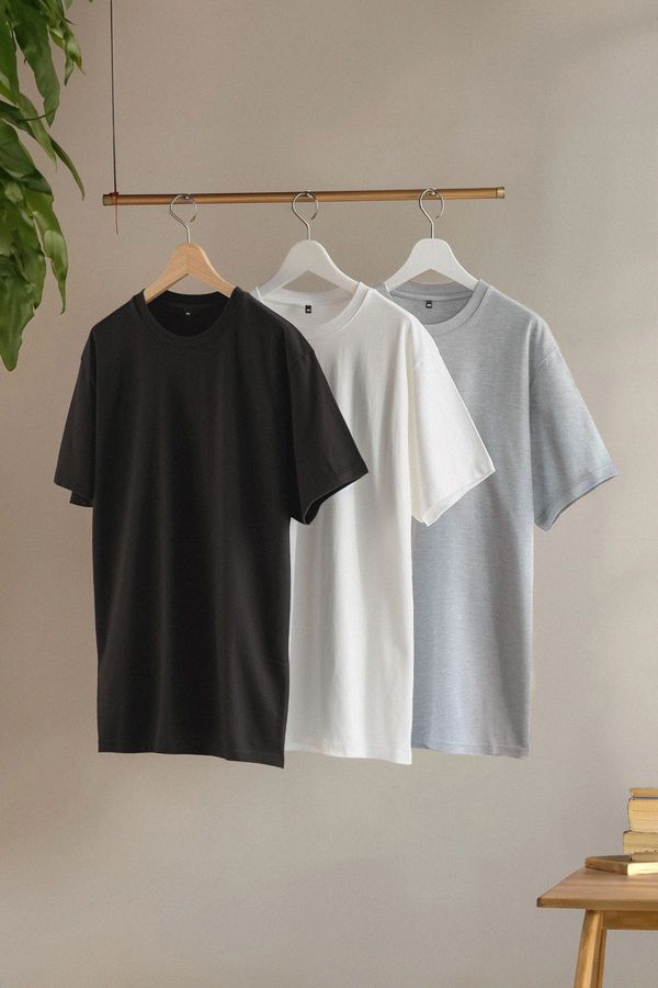 Trendyol Trendyol Black-Grey-White Large Size 3-Pack Regular/Normal Cut Basic 100% Cotton T-Shirt