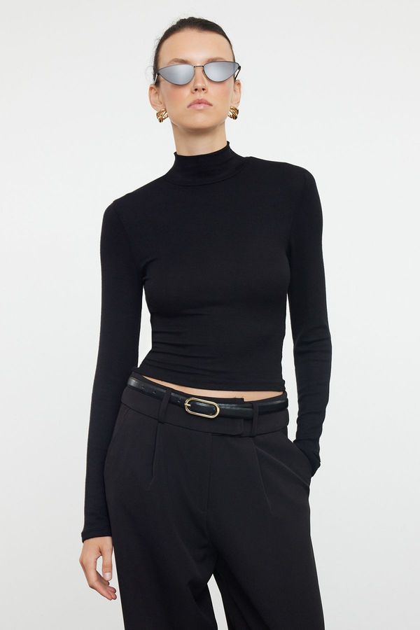 Trendyol Trendyol Black High Collar Crop/Short Slim/Fitting Knitted Blouse