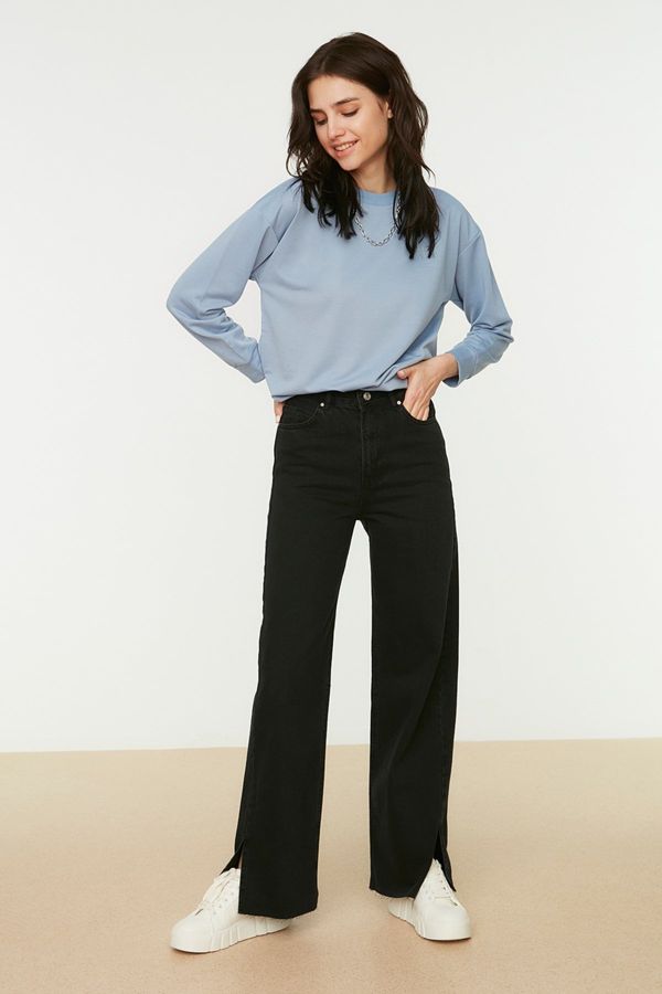 Trendyol Trendyol Black High Waist Button Closure with Slits 100% Cotton Wide leg Jeans