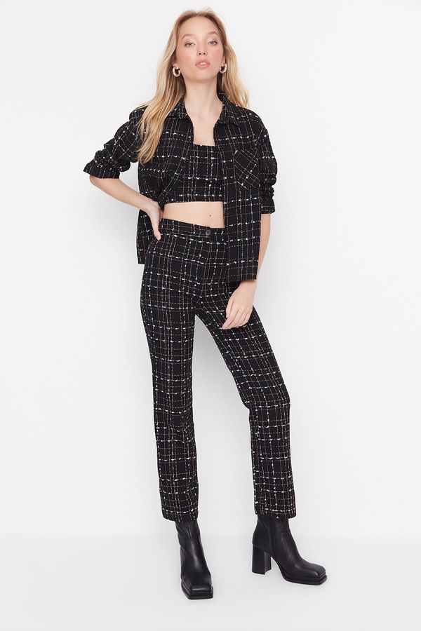 Trendyol Trendyol Black High Waist Cigarette Tweed Check Woven Pants