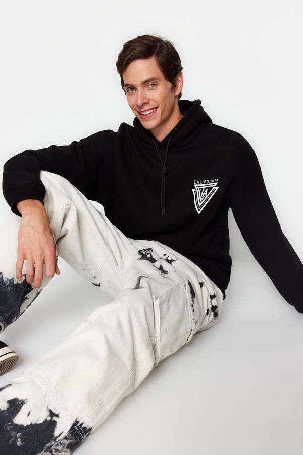 Trendyol Trendyol Black Hooded Oversize/Wide Cut College Printed Cotton Fleece Sweatshirt