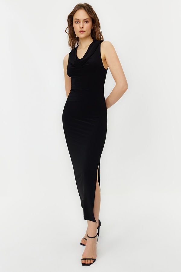 Trendyol Trendyol Black Hooded Slit Detailed Bodycone/Fitting Knitted Midi Dress