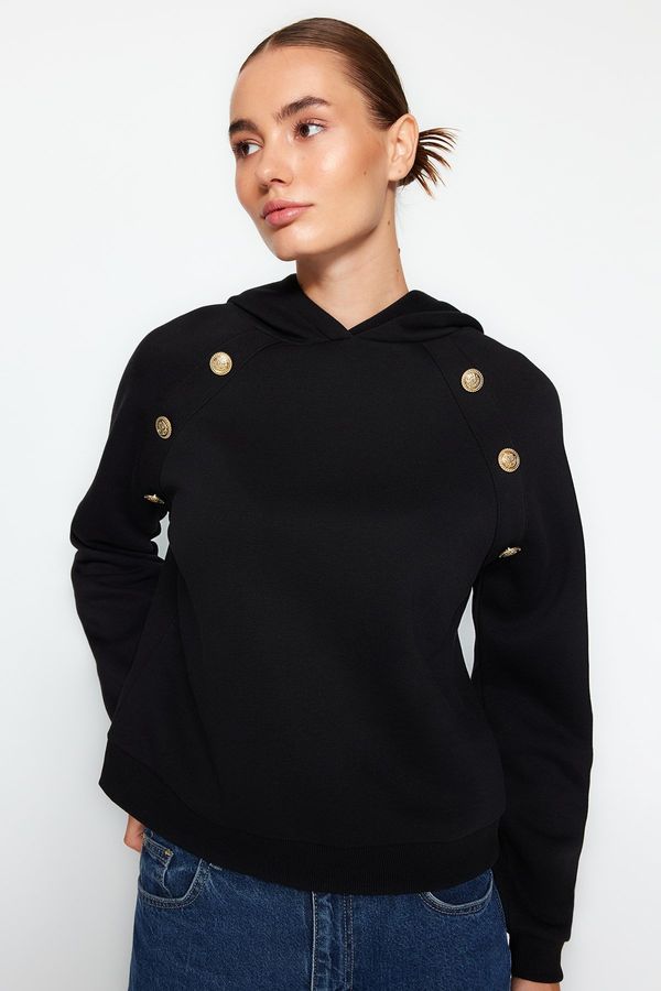 Trendyol Trendyol Black Hoodie with Button Detail, Regular Fit, Fleece Inside Knitted Sweatshirt