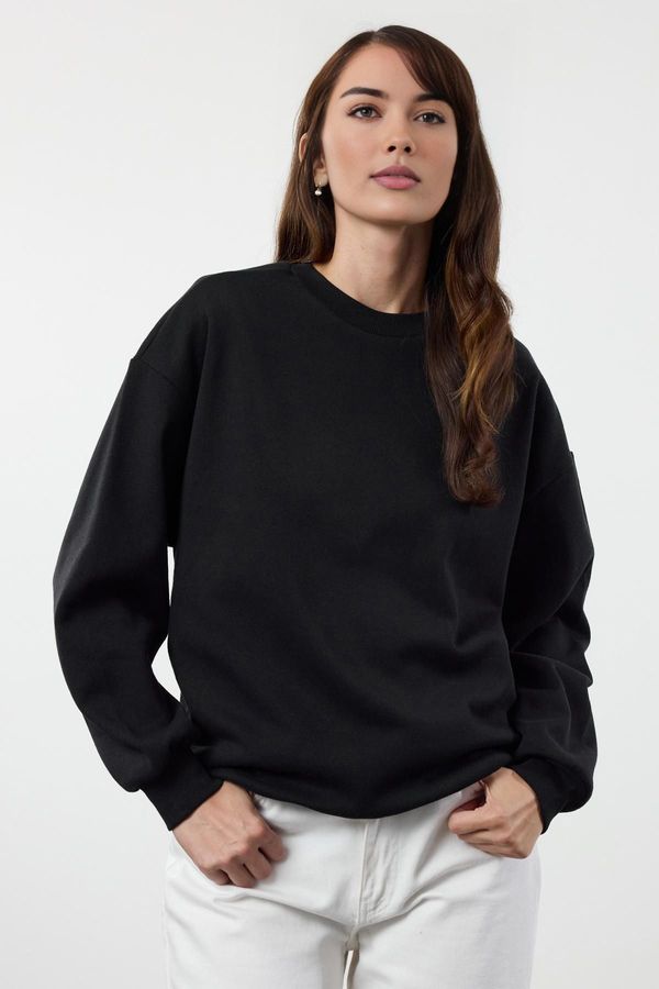 Trendyol Trendyol Black-Indigo Oversize/Wide Pattern Crew Neck Thick Polar Fleece Knitted Sweatshirt