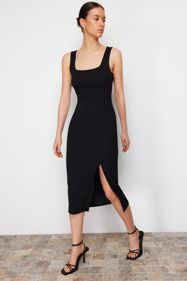 Trendyol Trendyol Black itted/Fitting Slit Square Neck Stretchy Knitted Midi Pencil Dress
