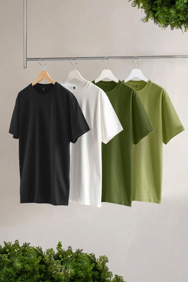 Trendyol Trendyol Black-Khaki-Light Green-Ecru Slim/Slim Cut 4-Piece Basic 100% Cotton T-Shirt