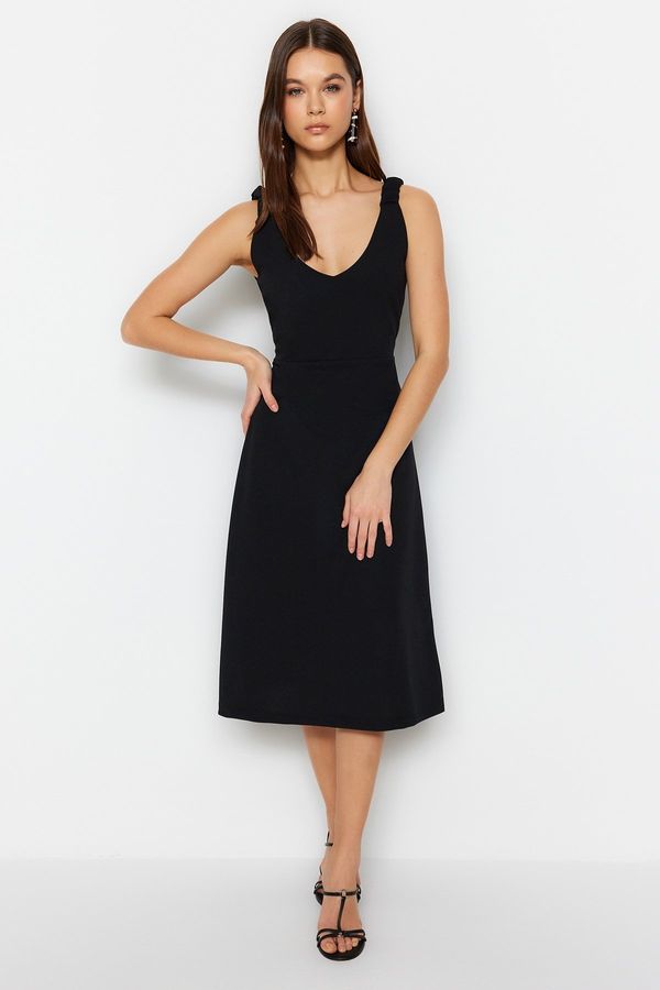 Trendyol Trendyol Black Knitted Crepe Dress with Gipe Detailed A-line Midi V-neck and Straps