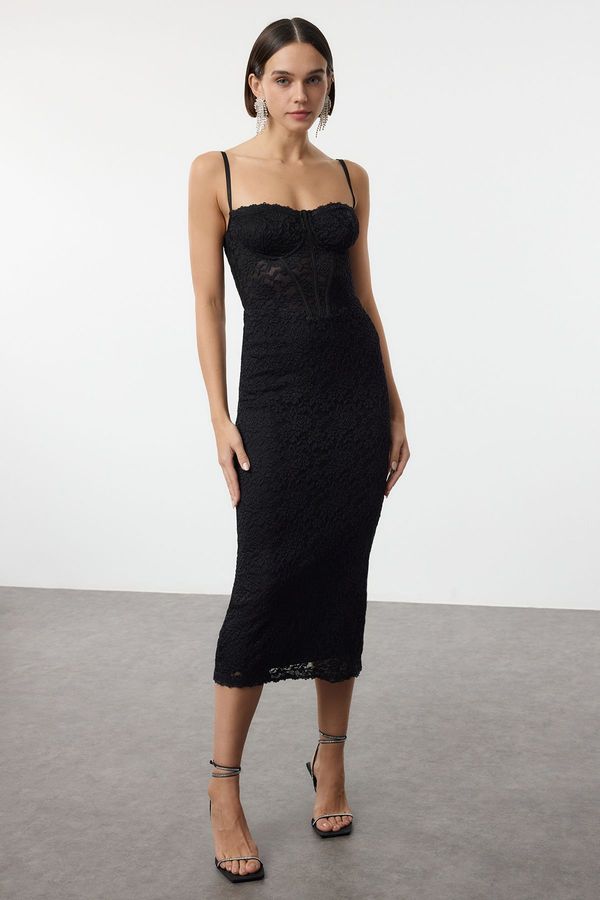 Trendyol Trendyol Black Knitted Lined Lace Midi Dress