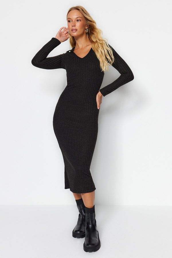 Trendyol Trendyol Black Knitwear Look Fitted Maxi V-Neck Knitted Dress