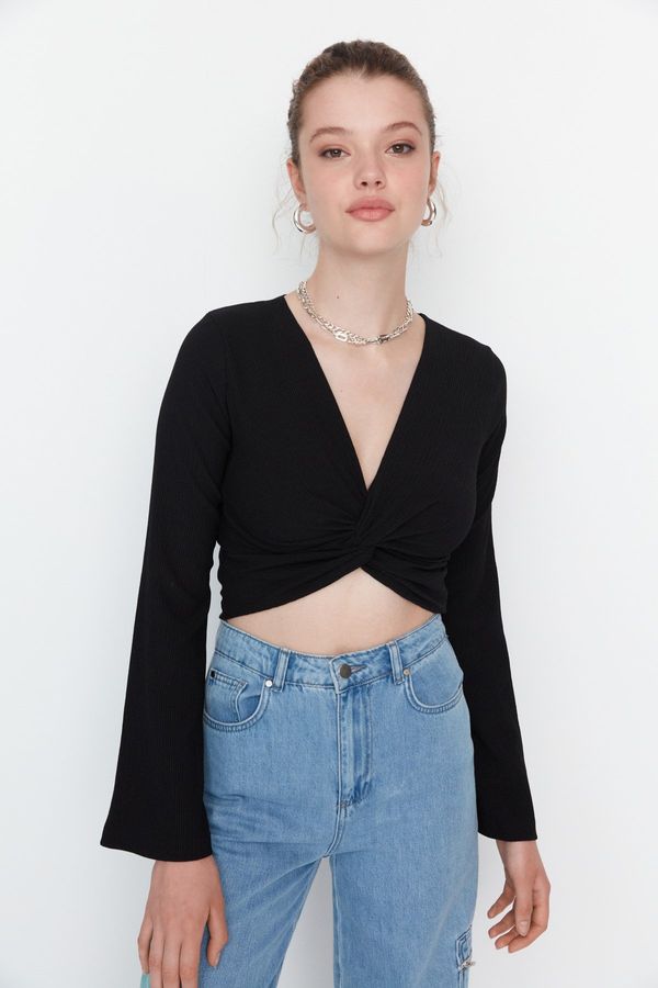 Trendyol Trendyol Black Knot Detailed Wrapped/Textured Crop Knitted Blouse