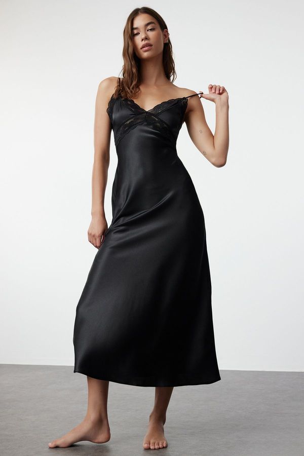 Trendyol Trendyol Black Lace and Back Detailed Rope Strap Satin Woven Nightgown