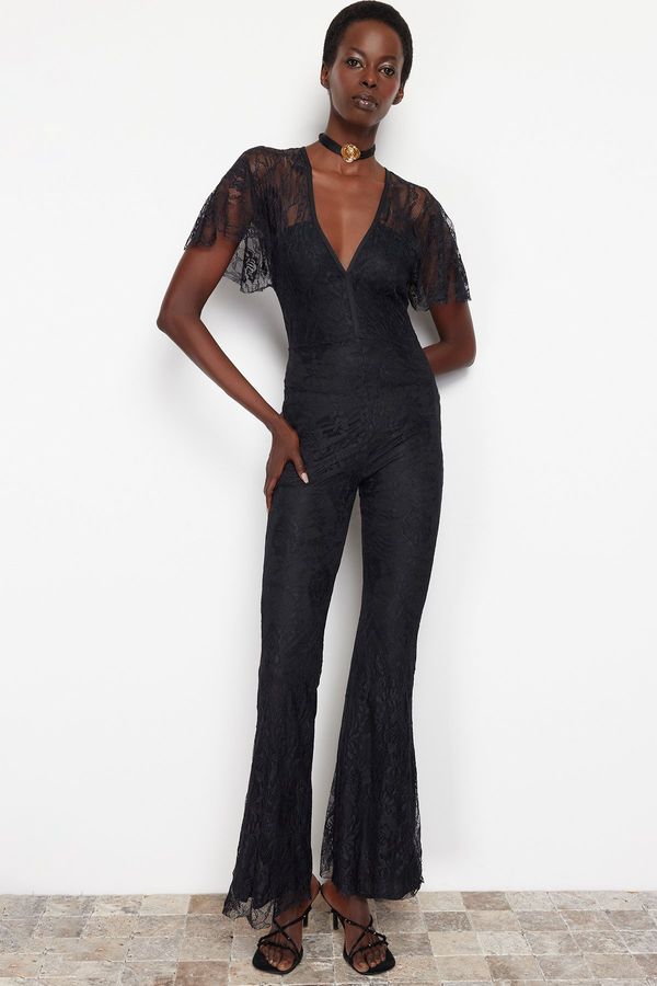 Trendyol Trendyol Black Lace Collar Detailed Woven Jumpsuit