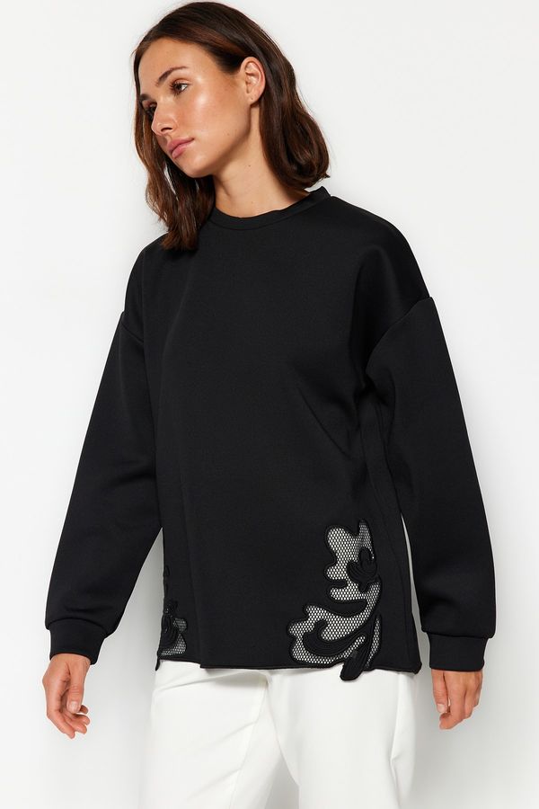 Trendyol Trendyol Black Lace Detailed Diver/Scuba Knitted Sweatshirt