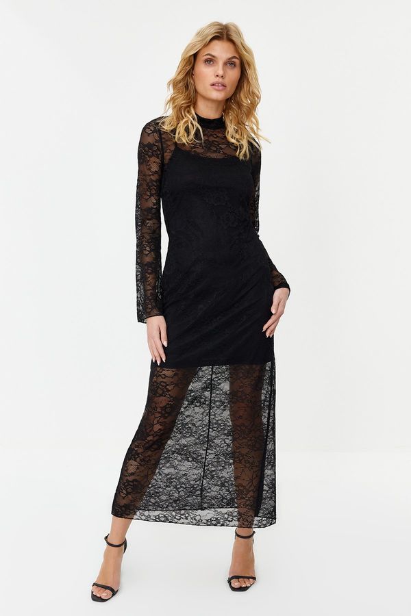 Trendyol Trendyol Black Lace High Collar Bodycone/Fitting Flexible Maxi Knitted Dress